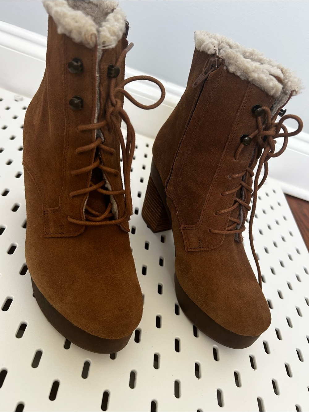 Ralph Lauren Brown Suede Lace-Up Ankle Boots with Faux Shearling Trim